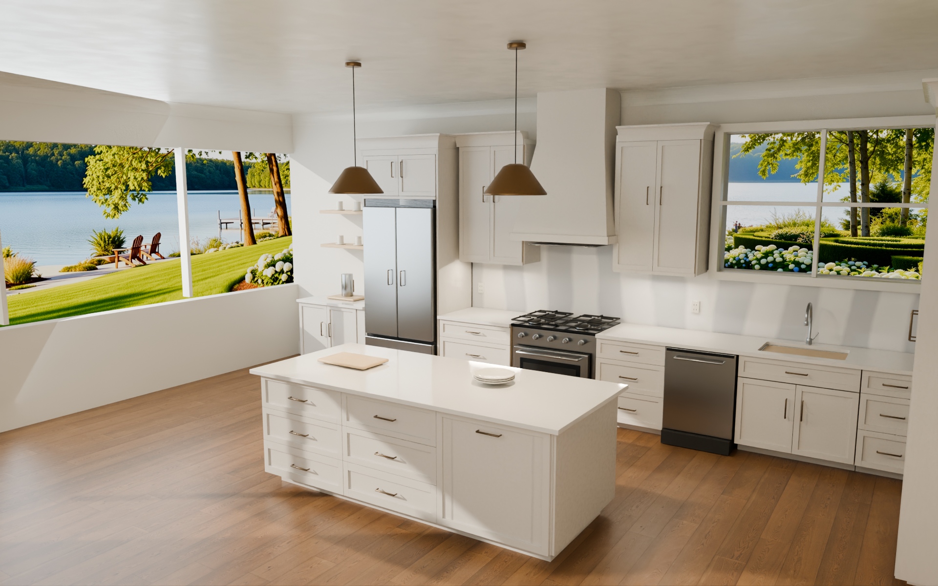 Warm wood kitchen with a stone island and full-access cabinetry